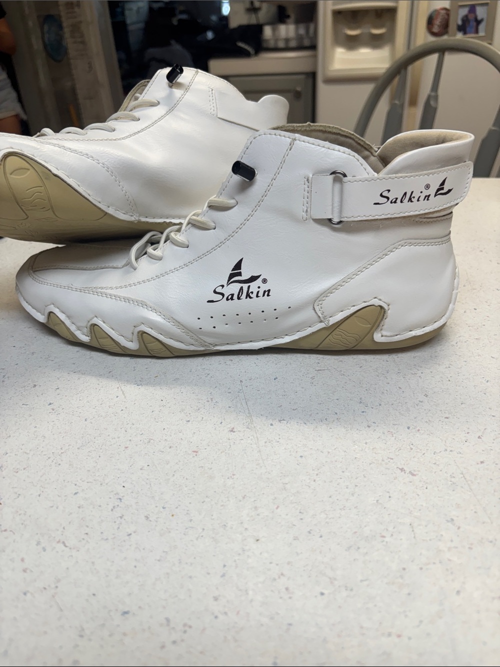 White Leather Ankle Sneaker with Tan Sole-Mens